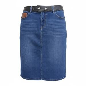 EST 1946 Blue Denim Skirt Size 14 Mid Length street chic Leather Trim Pockets